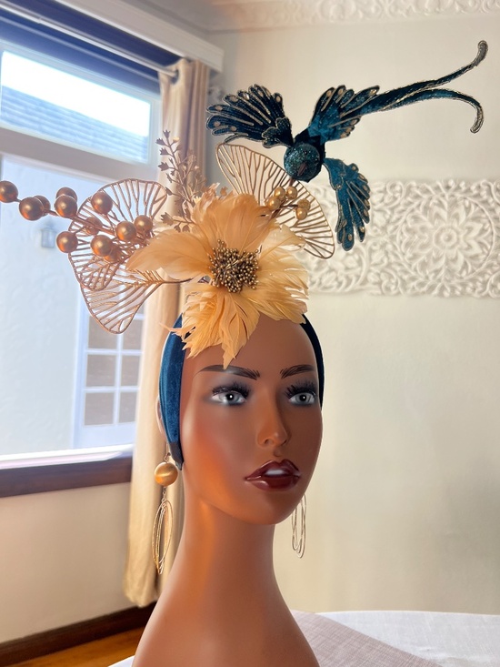 Teal blue and Gold Fascinator with a velvet gold and teal floating bird